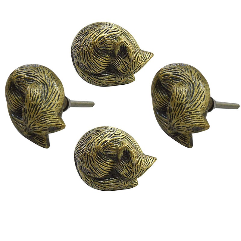 Perilla Home Set of 4 Antique Knobs - Decorative Sleeping Fox - Iron Artistic Designer Handles - for Cabinet Hardware Pulls, Interior, Cupboard, Dresser, Wardrobe and Drawer - Image 1